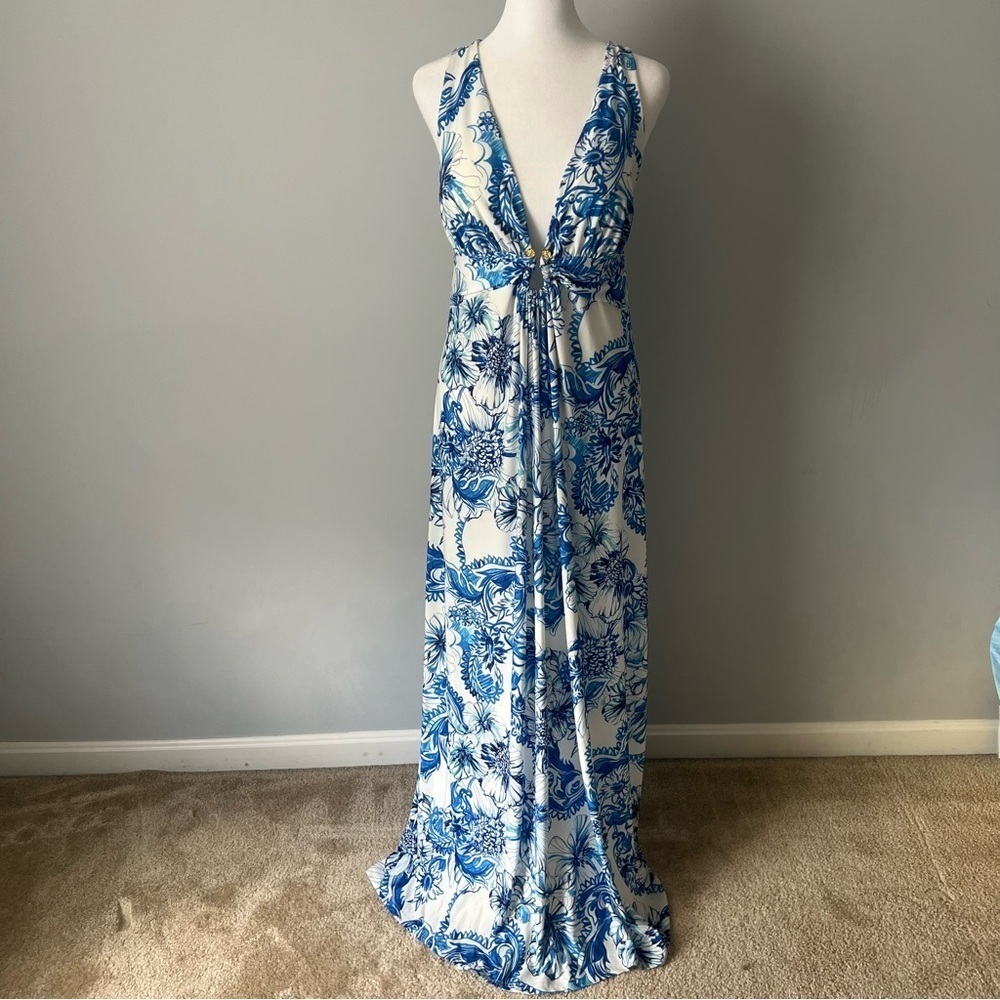 Boston Proper Blue and White Floral Criss Cross Maxi Dress Small